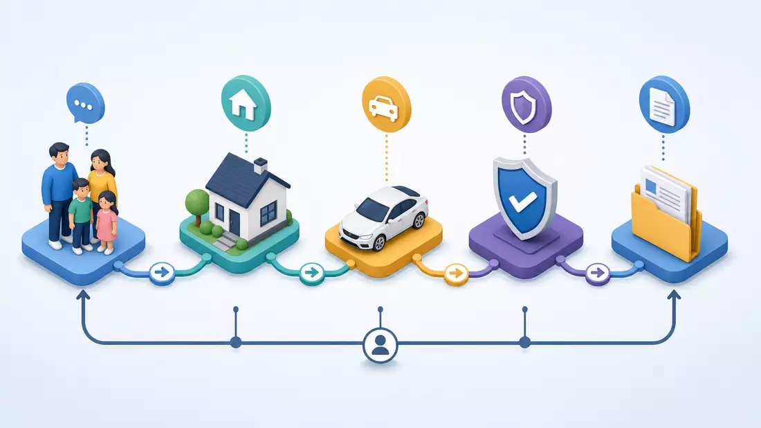 Isometrische Illustration einer Prozesskette mit Familie, Haus, Auto und Schutzschild