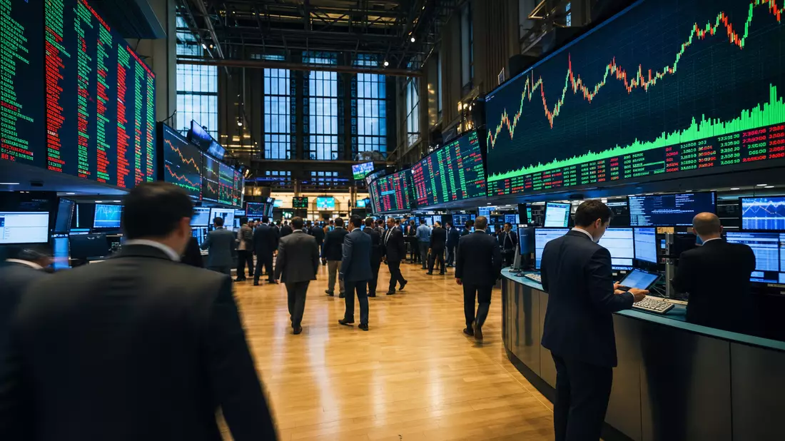 Trading-Floor mit großen Bildschirmen und abstrakten Finanzcharts in Grün und Rot