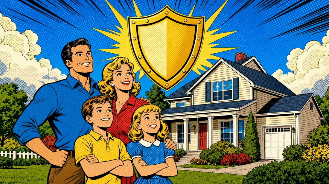 Bunte Pop-Art-Illustration einer glücklichen Familie mit Schutzschild vor ihrem Zuhause