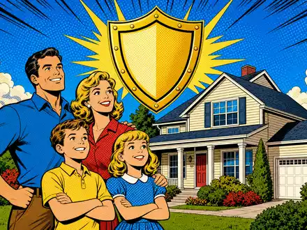 Pop-Art-Comicszene einer Familie mit Schutzschild-Symbol vor Haus, farbenfroh inspiriert von MetLife Inc., ISIN US59156R1086 - Foto: THN
