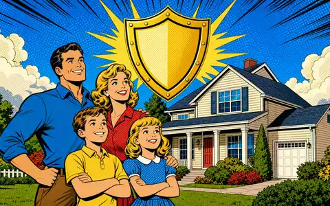 Pop-Art-Comicszene einer Familie mit Schutzschild-Symbol vor Haus, farbenfroh inspiriert von MetLife Inc., ISIN US59156R1086 - Foto: THN