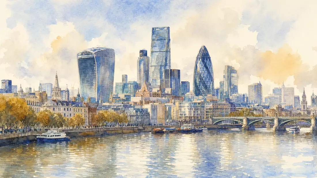 Aquarellmalerei der Londoner Finanzdistrikt-Skyline