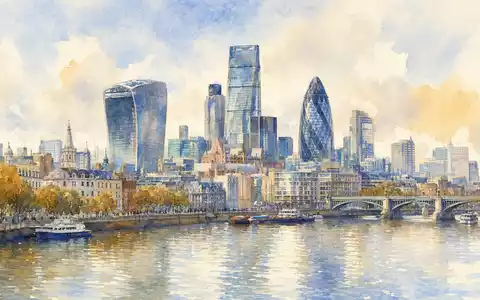 AquarellgemĂ€lde der Londoner Skyline visualisiert Investec plc, ISIN GB00B17BBQ50, kĂŒnstlerische Finanzdistrikt-Darstellung in warmen Farben - Foto: THN