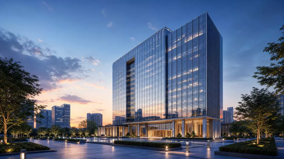 3D-Architekturrender eines modernen Bank-Hochhauses