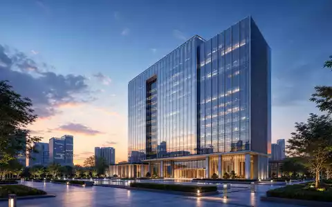 Architektur-Render eines modernen Hochhauses repräsentiert Investec plc, ISIN GB00B17BBQ50, zeitgenössische Bankarchitektur mit Glasfassade - Foto: THN