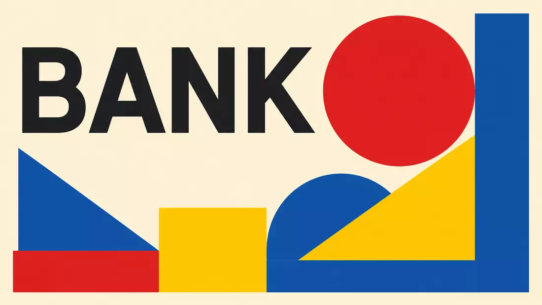 Bauhaus-Stil Poster mit geometrischen Formen und Schriftzug BANK