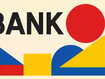 Bauhaus-Poster mit geometrischen Formen und Text BANK visualisiert Investec plc, ISIN GB00B17BBQ50, grafisches Design - Foto: THN
