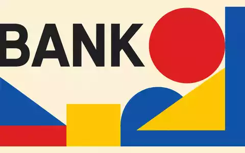 Bauhaus-Poster mit geometrischen Formen und Text BANK visualisiert Investec plc, ISIN GB00B17BBQ50, grafisches Design - Foto: THN