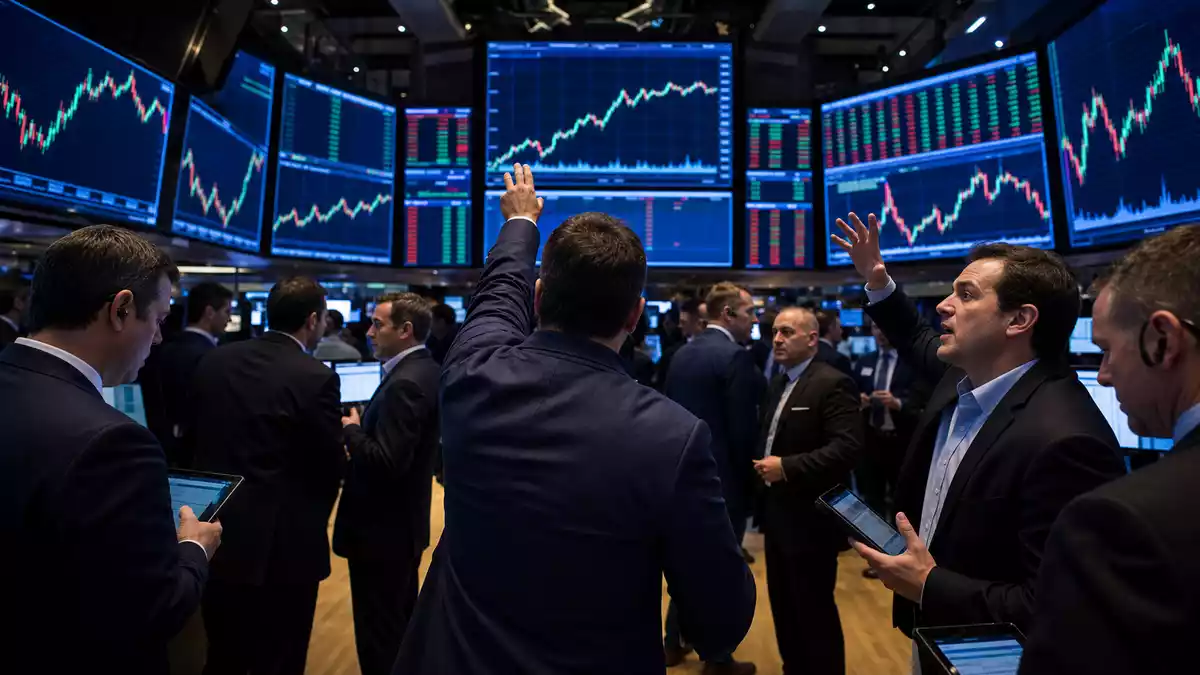 Editorial-Foto vom Trading-Floor mit Finanzcharts im Hintergrund