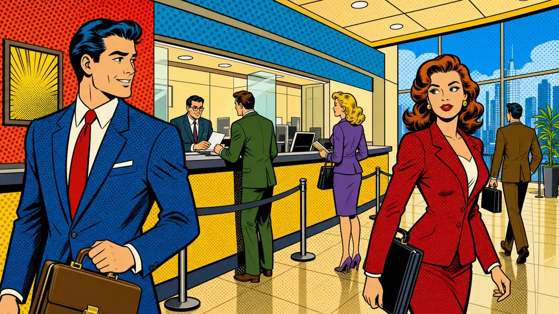 Pop-Art-Comic-Illustration einer Bankszene in kräftigen Farben