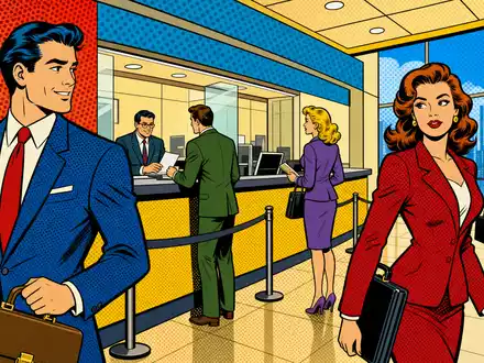 Pop-Art-Comic-Szene mit Bankmotiven visualisiert Investec plc, ISIN GB00B17BBQ50, farbige stilisierte Darstellung im Retro-Look - Foto: THN