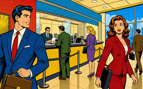 Pop-Art-Comic-Szene mit Bankmotiven visualisiert Investec plc, ISIN GB00B17BBQ50, farbige stilisierte Darstellung im Retro-Look - Foto: THN