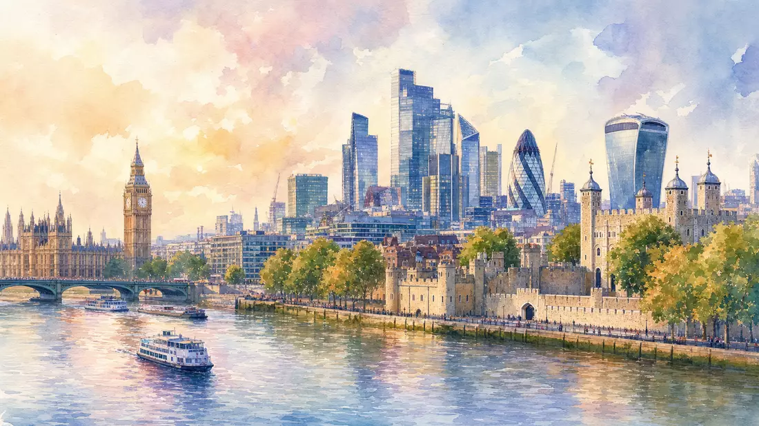 Aquarellbild der Londoner Skyline mit Bürogebäuden