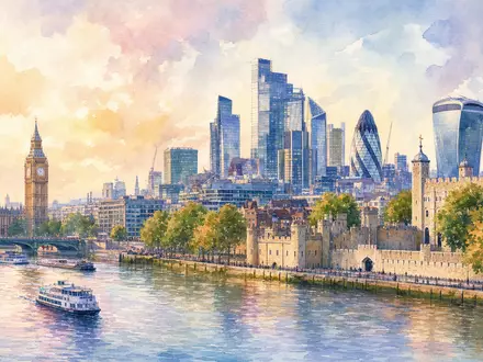 Aquarellmalerei zeigt Londoner Skyline, symbolisch für Great Portland Estates plc, ISIN GB00B01FLL16, zentrale Immobilienlage - Foto: THN