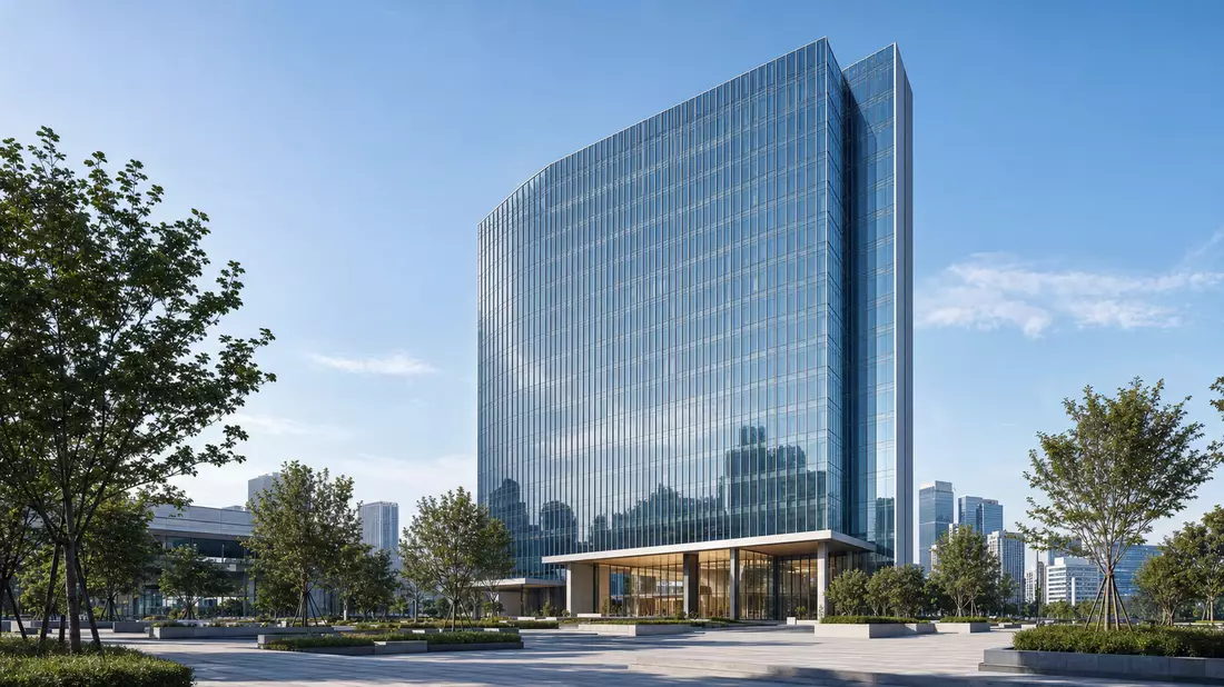 3D-Architekturrender eines modernen Büroturms in der Stadt