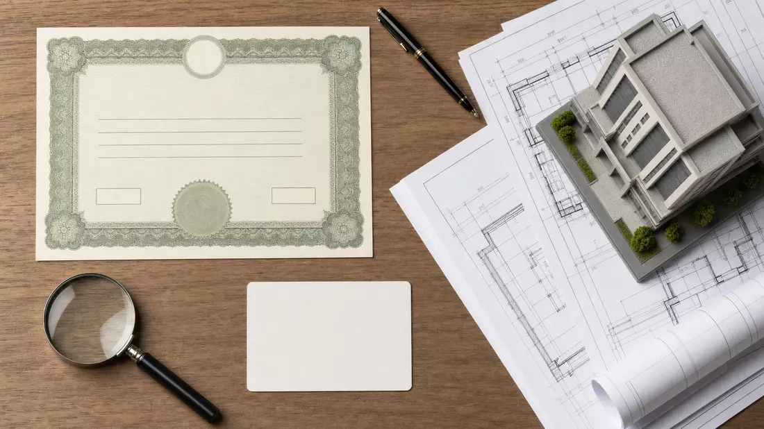 Flatlay mit Aktienzertifikat, ISIN-Karte und Immobilien-Bauplänen