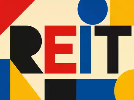Bauhaus-Poster mit geometrischen Formen und Text REIT symbolisiert Great Portland Estates plc, ISIN GB00B01FLL16, Immobiliensektor - Foto: THN
