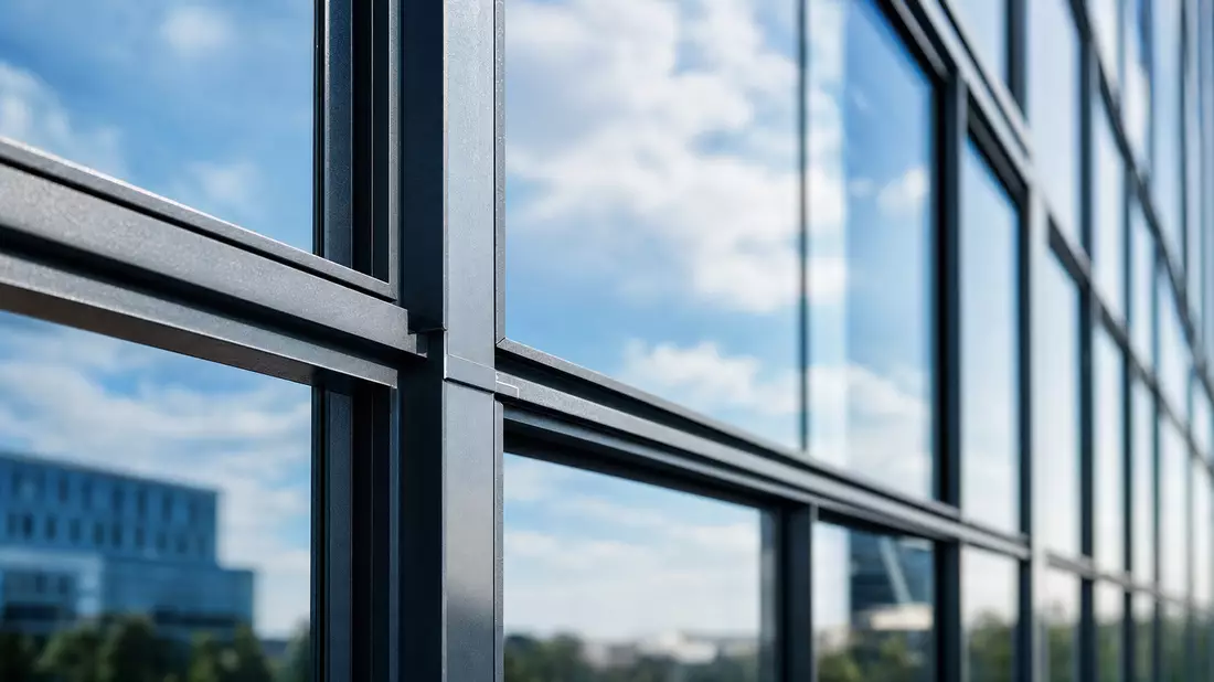 Makrofoto einer Glasfassade mit Stahlrahmen an einem Bürogebäude