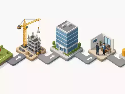 Isometrische 3D-Grafik zeigt Immobilien-Wertschöpfungskette, relevant für Great Portland Estates plc, ISIN GB00B01FLL16, Entwicklungsprozess - Foto: THN