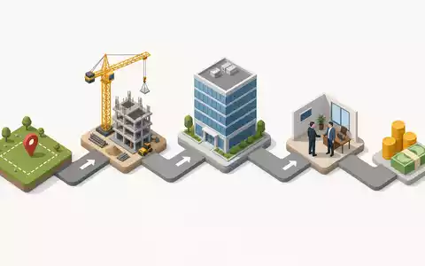 Isometrische 3D-Grafik zeigt Immobilien-Wertschöpfungskette, relevant für Great Portland Estates plc, ISIN GB00B01FLL16, Entwicklungsprozess - Foto: THN