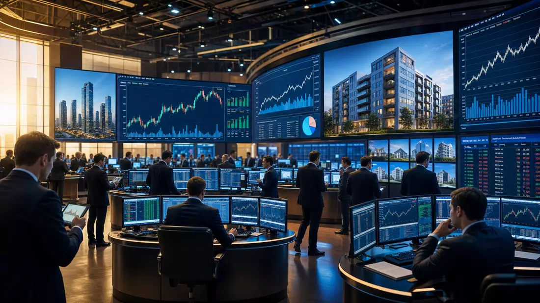 Editorial-Aufnahme eines Börsenhandelsraums mit Immobilien-Charts