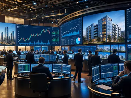 Börsenhandelsraum mit Charts steht symbolisch für Great Portland Estates plc, ISIN GB00B01FLL16, im Aktienmarkt - Foto: THN