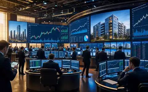 Börsenhandelsraum mit Charts steht symbolisch für Great Portland Estates plc, ISIN GB00B01FLL16, im Aktienmarkt - Foto: THN