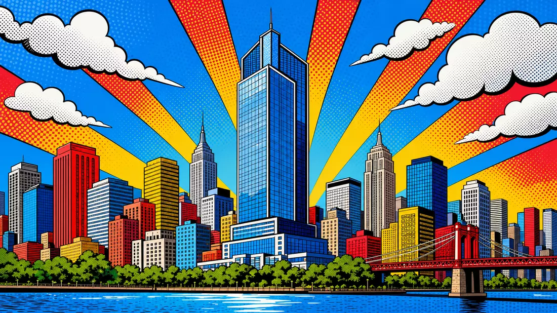 Pop-Art-Comic-Illustration eines Bürohochhauses in der Stadt