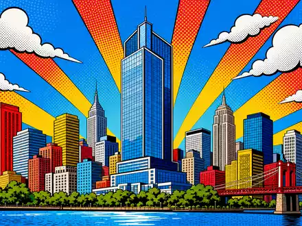Farbenfrohe Pop-Art-Comic-Szene mit Bürohochhaus illustriert Great Portland Estates plc, ISIN GB00B01FLL16, im Immobiliensektor - Foto: THN
