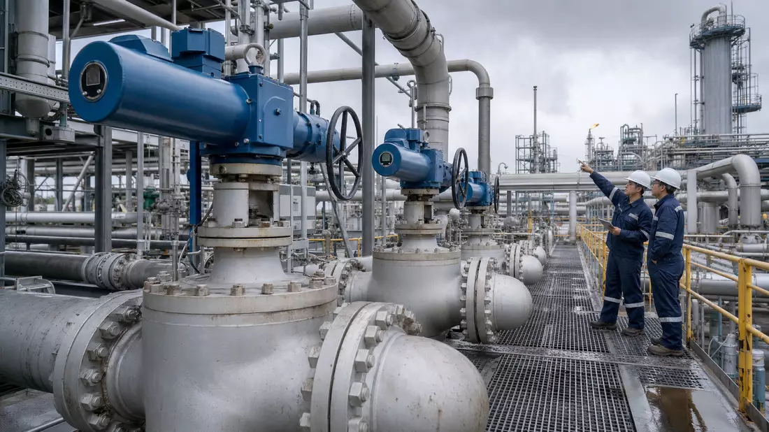 Fotorealistische Industrieanlage mit Ventilaktuatoren und Rohrleitungen bei Tageslicht