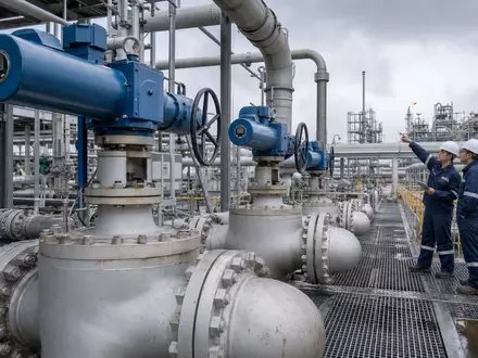 Rotork plc GB00BVFNZH21 zeigt industrielle Ventilaktuatoren an einer großen Pipeline-Anlage bei Tageslicht draußen - Foto: THN