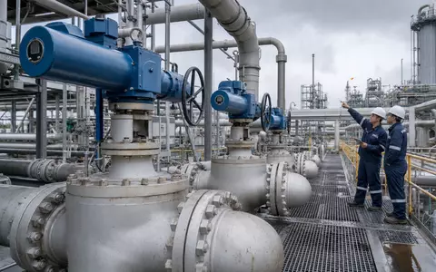 Rotork plc GB00BVFNZH21 zeigt industrielle Ventilaktuatoren an einer großen Pipeline-Anlage bei Tageslicht draußen - Foto: THN