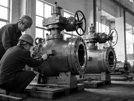 Rotork plc GB00BVFNZH21 in dokumentarischer Schwarzweiß-Reportage von Arbeitern an großen Industrieventilen innerhalb der Fabrikhalle - Foto: THN