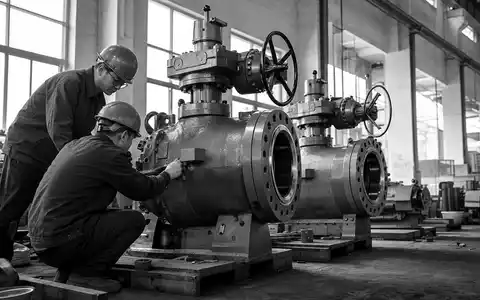 Rotork plc GB00BVFNZH21 in dokumentarischer Schwarzweiß-Reportage von Arbeitern an großen Industrieventilen innerhalb der Fabrikhalle - Foto: THN