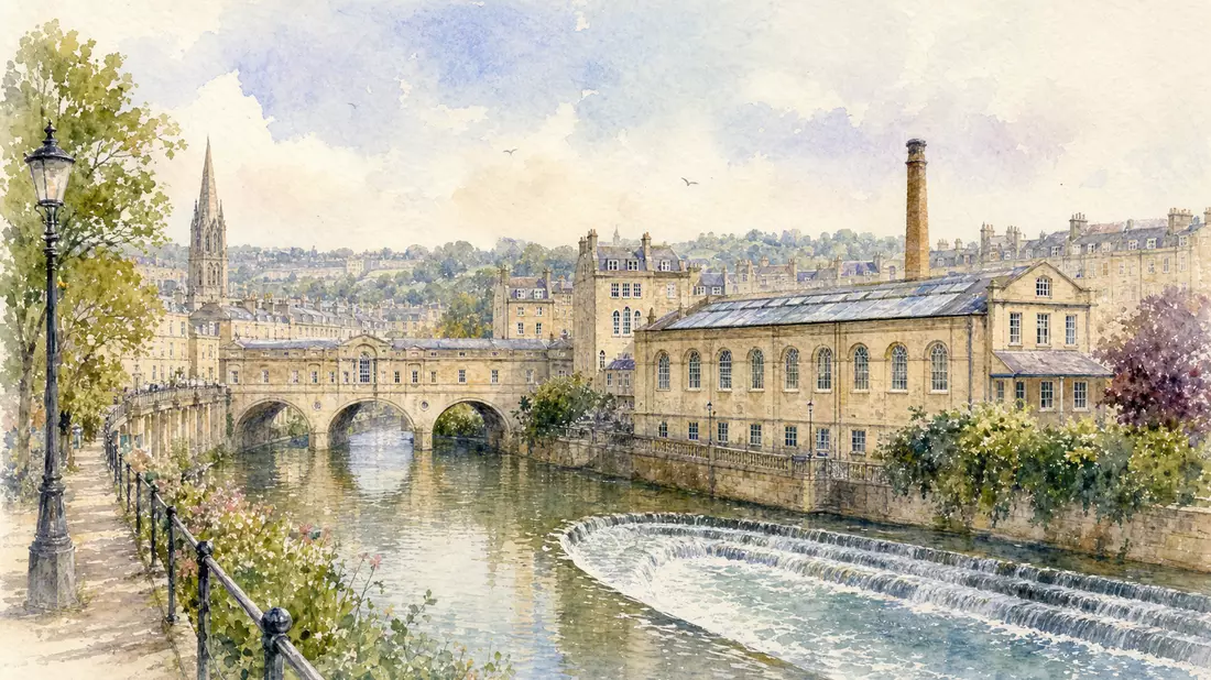 Aquarellmalerei der englischen Stadt Bath mit einem Industriegebäude am Fluss