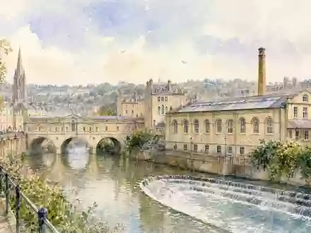 Rotork plc GB00BVFNZH21 dargestellt als sanfte Aquarellmalerei der Stadt Bath mit einem Industriegebäude am Fluss - Foto: THN