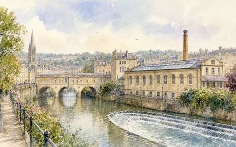 Rotork plc GB00BVFNZH21 dargestellt als sanfte Aquarellmalerei der Stadt Bath mit einem Industriegebäude am Fluss - Foto: THN