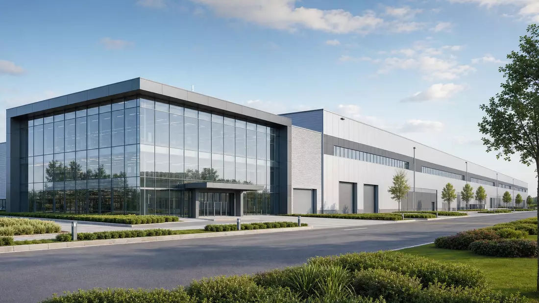 Architekturrender einer modernen Industrieanlage mit Glasfassade und Produktionshallen