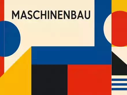 Rotork plc GB00BVFNZH21 als farbiges Bauhaus-Poster mit geometrischen Formen und dem Sektortext MASCHINENBAU - Foto: THN