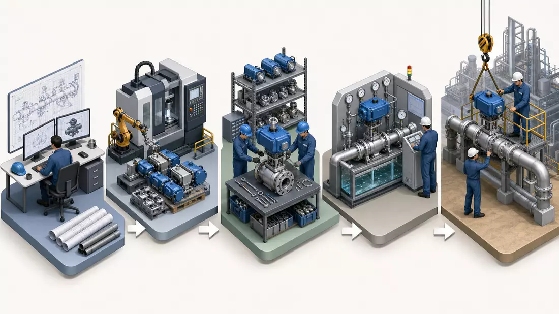 Isometrische 3D-Illustration einer Wertschöpfungskette für Ventilsteuerungssysteme