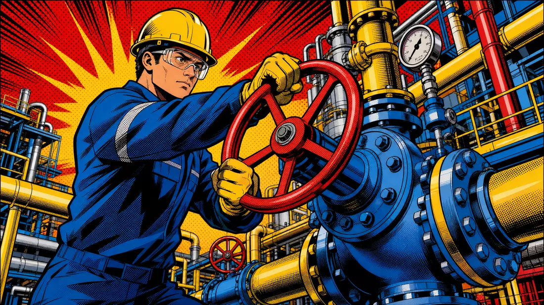 Pop-Art-Comic-Illustration eines Ingenieurs an einer bunten Industrieventilanlage