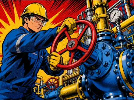 Rotork plc GB00BVFNZH21 als farbenfrohe Pop-Art-Comic-Szene mit Ingenieur an großer industrieller Ventilanlage - Foto: THN
