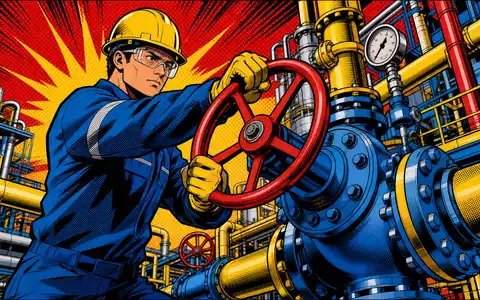 Rotork plc GB00BVFNZH21 als farbenfrohe Pop-Art-Comic-Szene mit Ingenieur an großer industrieller Ventilanlage - Foto: THN