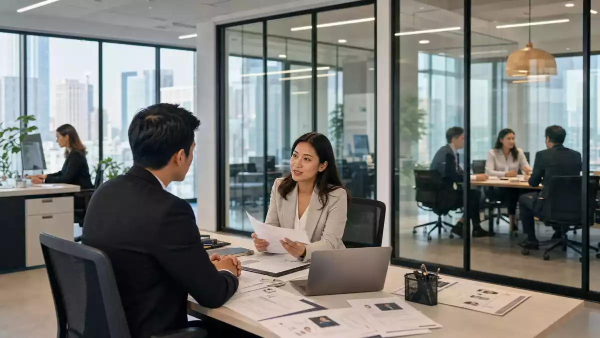 Modernes Büro mit Beratungsgespräch zwischen Personalberaterin und Kandidat am Schreibtisch