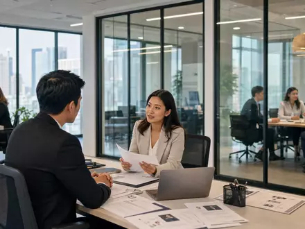 Hays plc GB0004161021 zeigt Personalberater im modernen Büro beim vertraulichen Bewerbungsgespräch mit Lebensläufen - Foto: THN