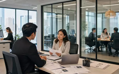 Hays plc GB0004161021 zeigt Personalberater im modernen Büro beim vertraulichen Bewerbungsgespräch mit Lebensläufen - Foto: THN