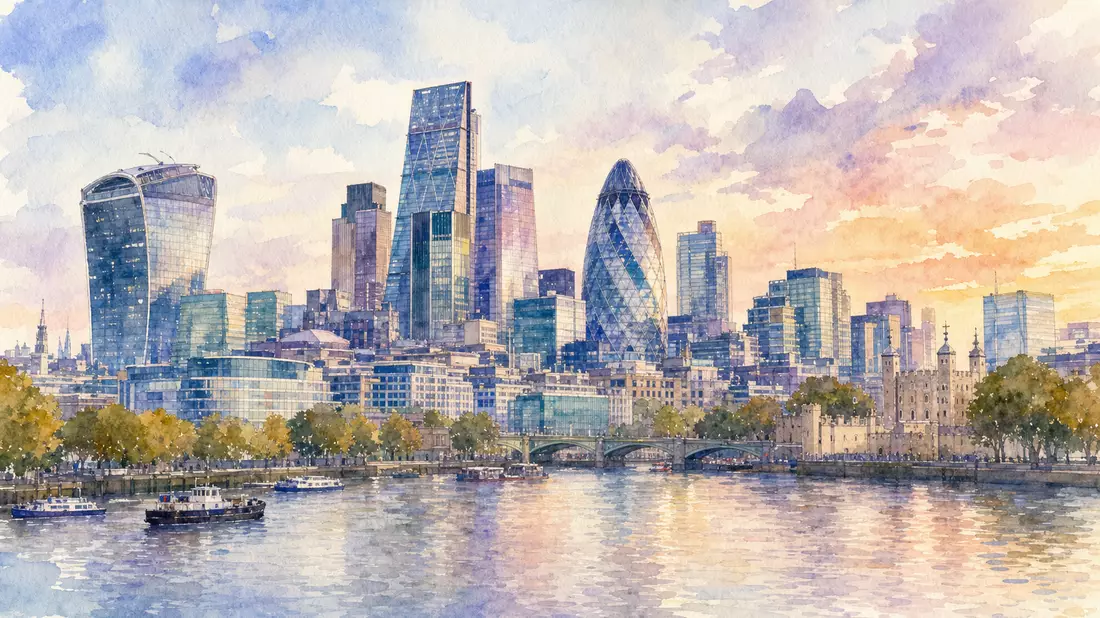 Aquarellmalerei der Londoner Skyline mit Wolkenkratzern entlang der Themse
