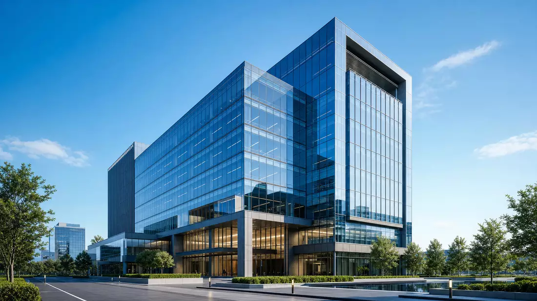 Architektonisches Rendering eines modernen Glas-Bürogebäudes mit klaren Linien
