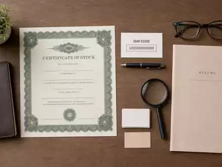 Hays plc GB0004161021 zeigt Flatlay mit Aktienzertifikat, ISIN-Karte, Lebenslaufmappe und Bürowerkzeugen der Personalbranche - Foto: THN
