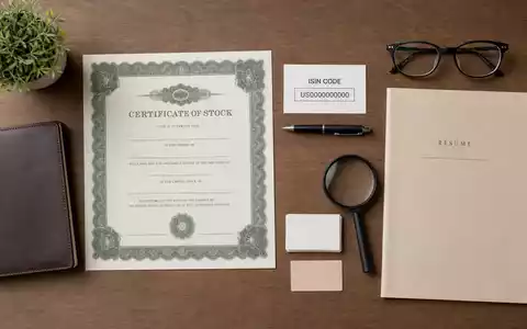 Hays plc GB0004161021 zeigt Flatlay mit Aktienzertifikat, ISIN-Karte, Lebenslaufmappe und Bürowerkzeugen der Personalbranche - Foto: THN